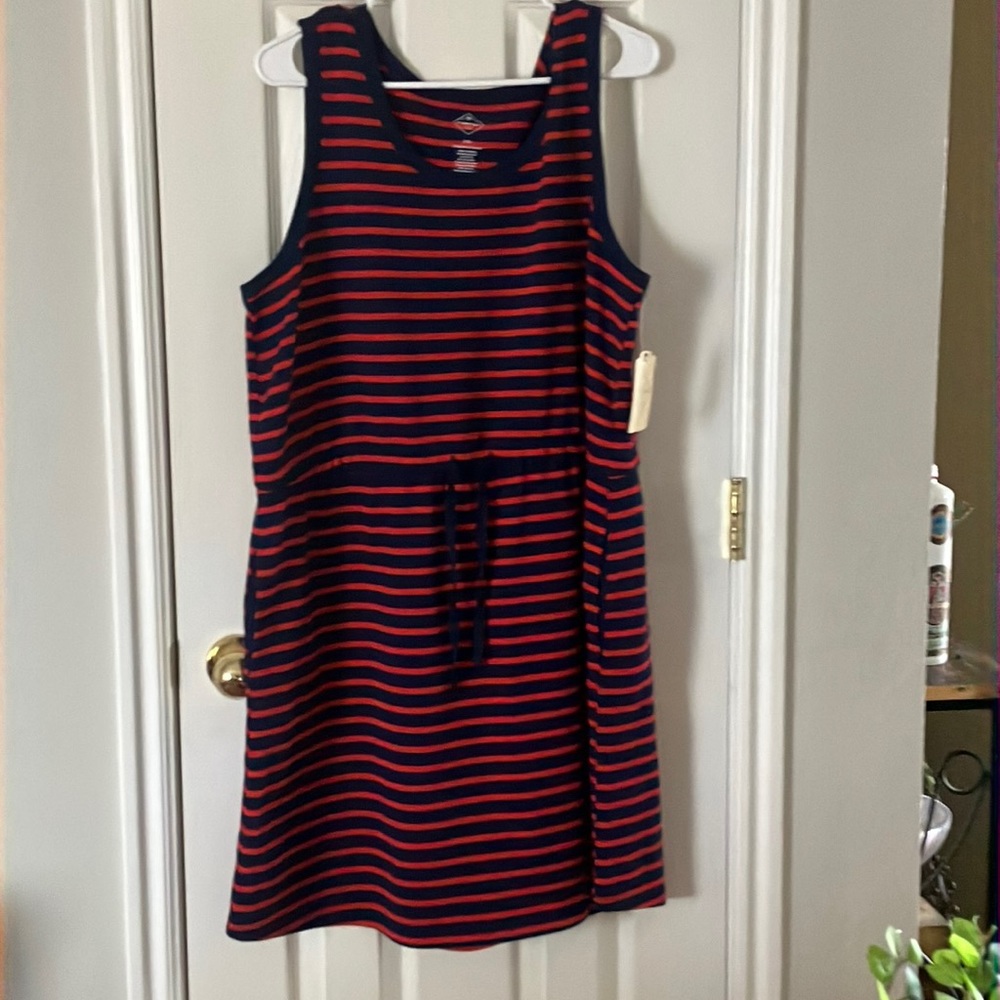 Cute Plus Size Summer Dress- Dark Blue & Red Stripes